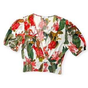 Gianni Bini Georgia Blouse Floral Smocked Crop Top Puff Sleeve V-Neck Size M